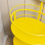 Yellow metal side table with swiveling oval mirror and two tray shelves, vintage 1960s Italy