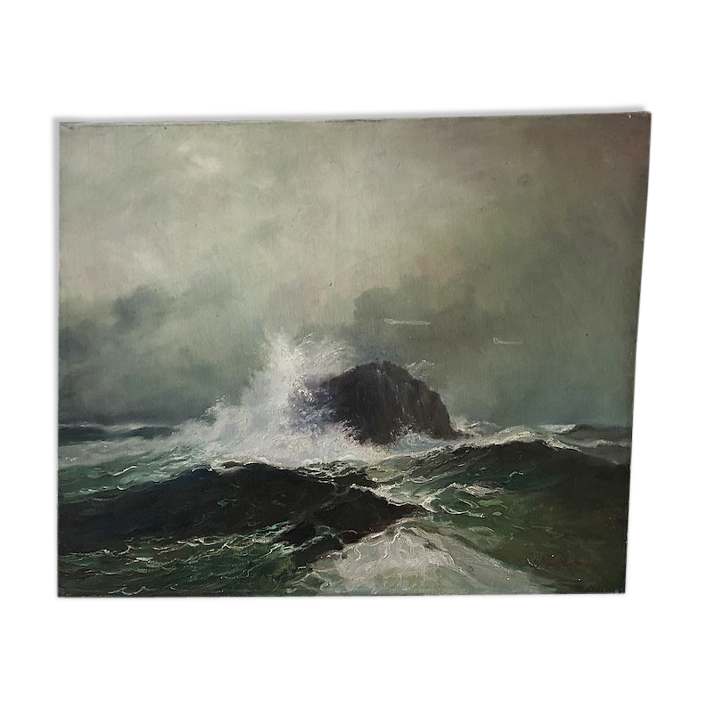 Oil painting raging sea L.Vermont 19th