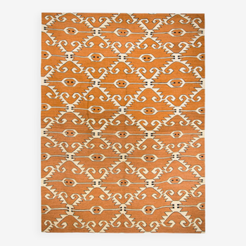 Kilim afghan contemporain motif arabesque couleur orange brique 207 x 154 cm