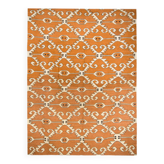Kilim afghan contemporain motif arabesque couleur orange brique 207 x 154 cm