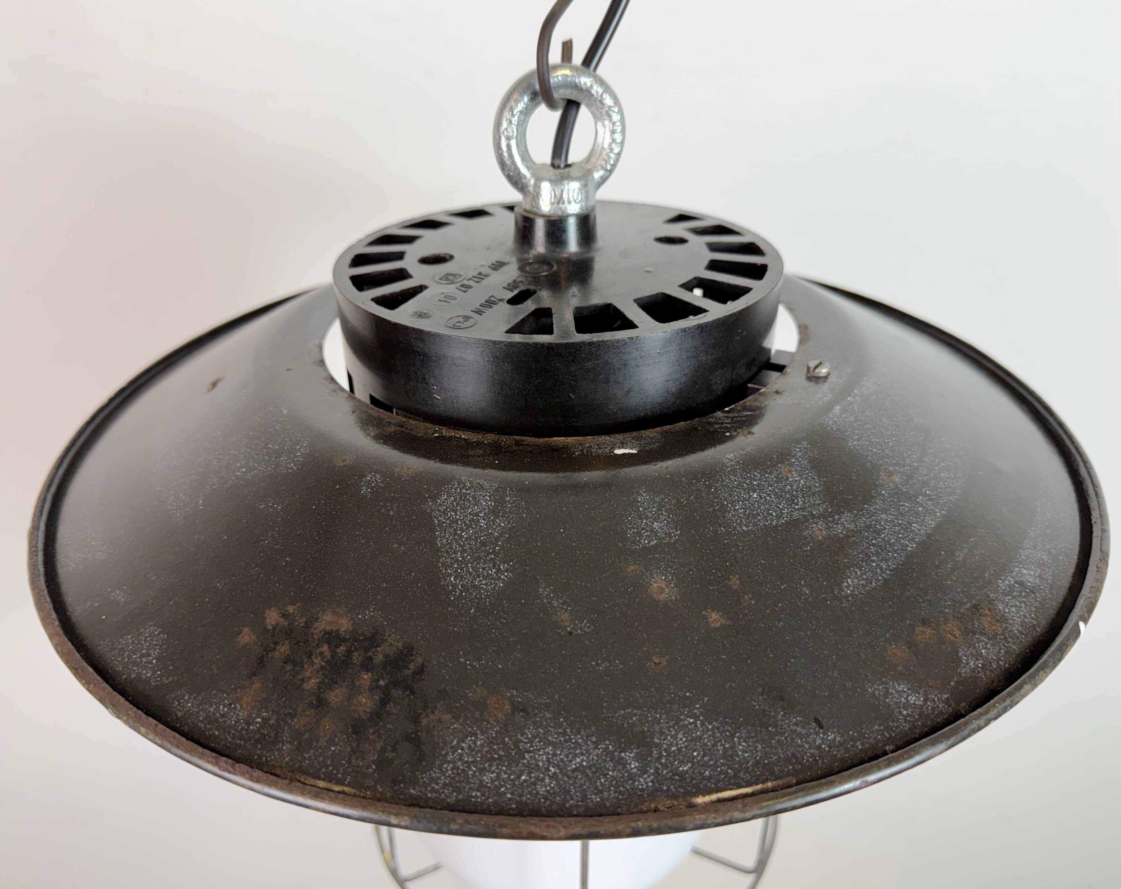 Industrial Grey Enamel Cage Pendant Lamp, 1960s