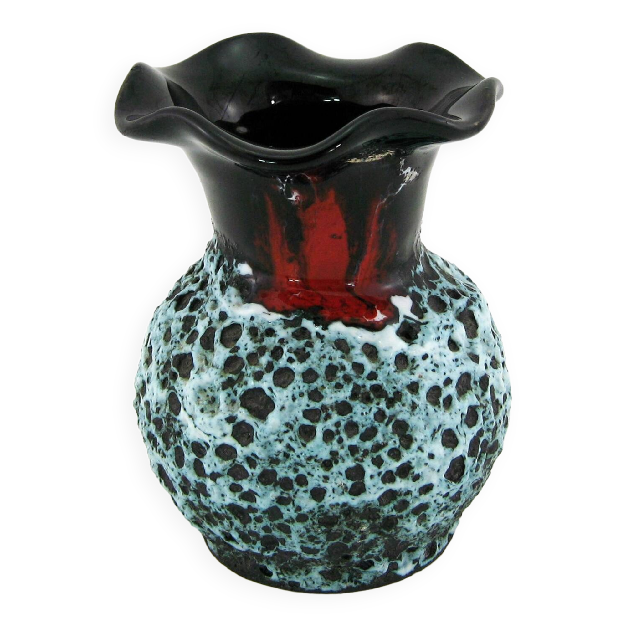 Small corolla vase in black, red and white Fat Lava ceramic - Panassidi Vallauris France - vintage