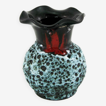Petit vase corolle en céramique Fat Lava noir, rouge et blanc - Panassidi Vallauris France - vintage