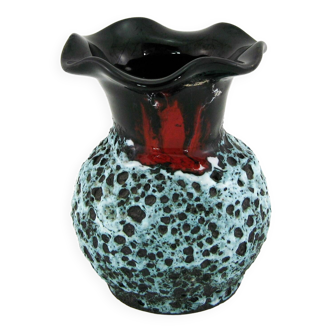 Small black, red and white Fat Lava ceramic corolla vase - Panassidi Vallauris France - vintage