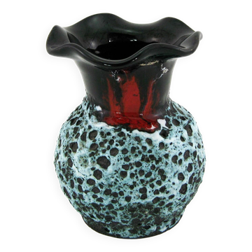 Petit vase corolle en céramique Fat Lava noir, rouge et blanc - Panassidi Vallauris France - vintage