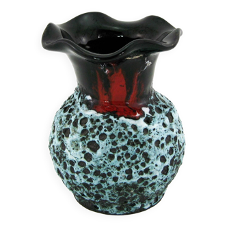 Petit vase corolle en céramique Fat Lava noir, rouge et blanc - Panassidi Vallauris France - vintage