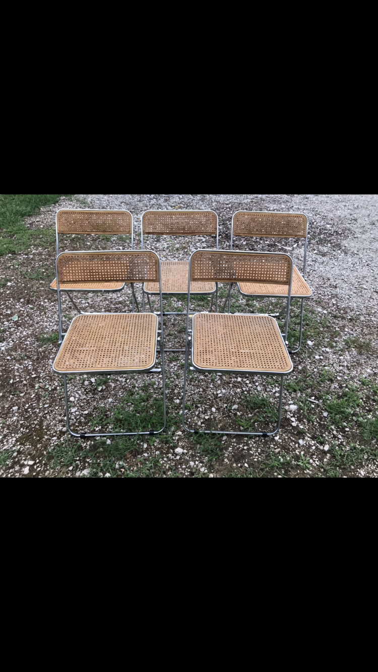 Suite de 5 chaises pliables cannages chrome 1970 Elios