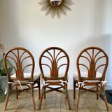 Set of 3 rattan / bamboo chairs with cushions years 1960-1970