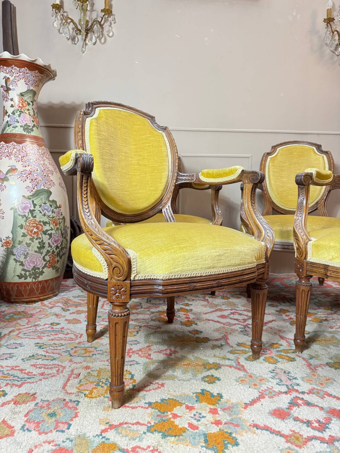 Set of four natural wood armchairs in louis xvi style 19th century