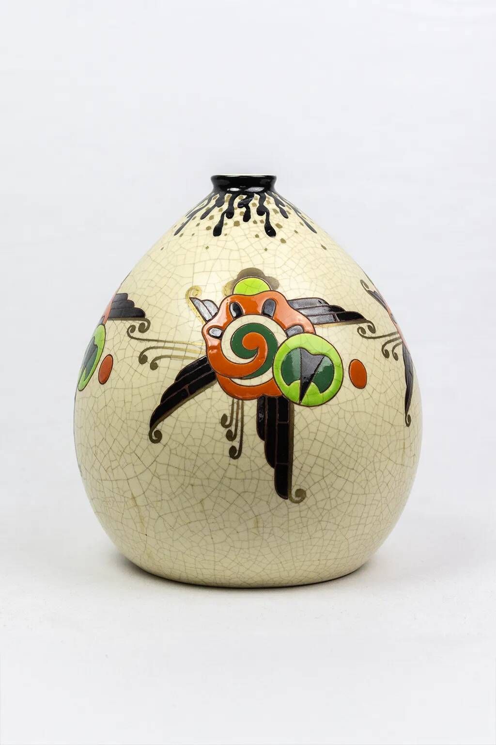 Art Deco vase Orchies, enamels on crackled background, stylised flowers