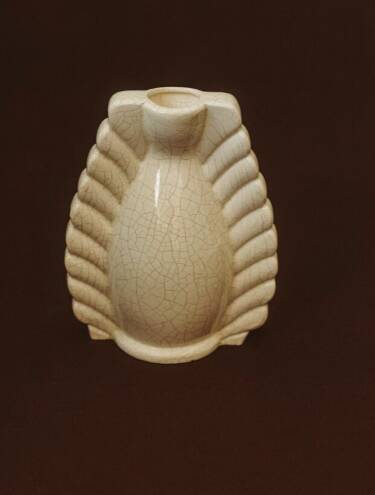 Neo-Art Deco white crackled ceramic vase with raised palmettes