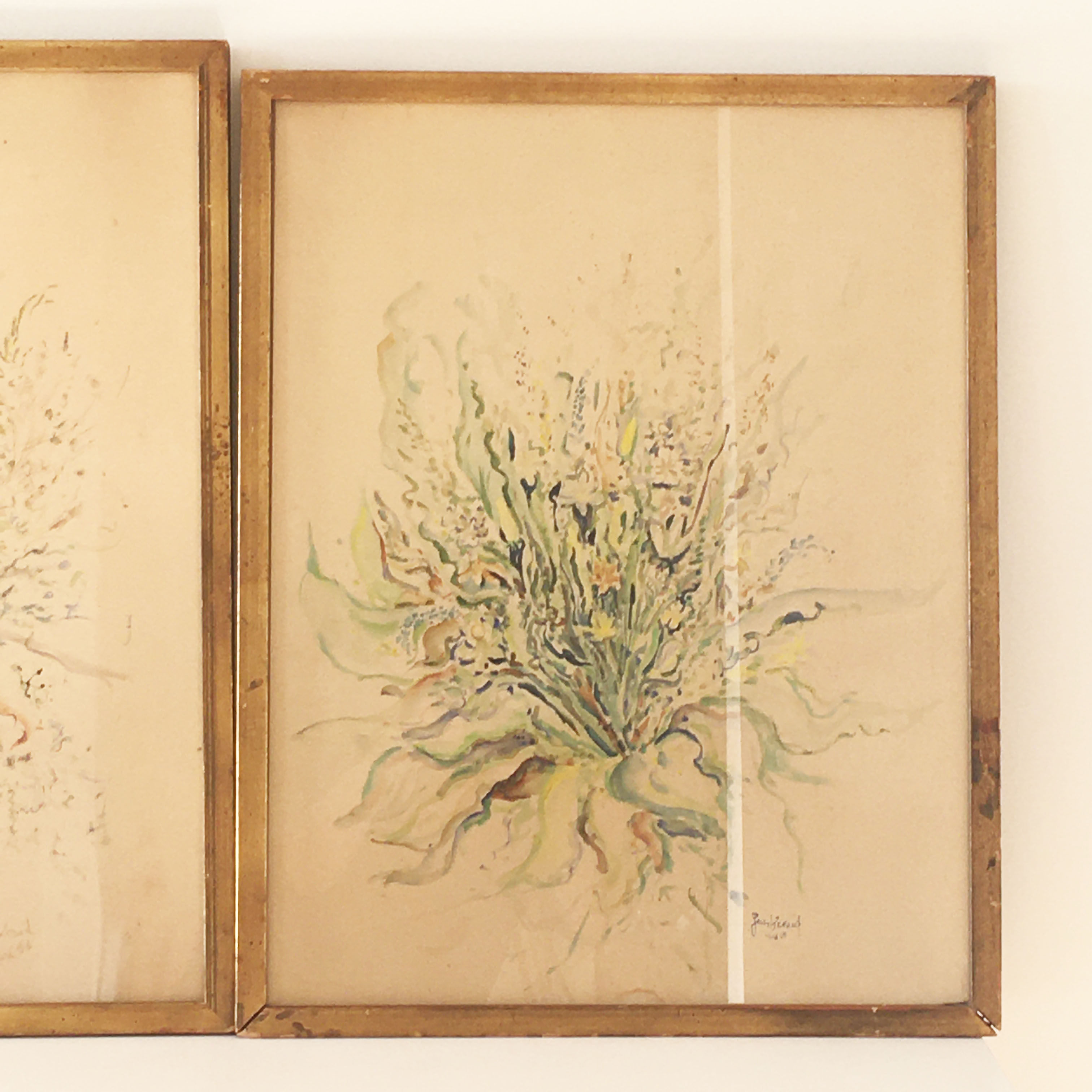 Pair of vintage paintings 1950 frame gilded wood
