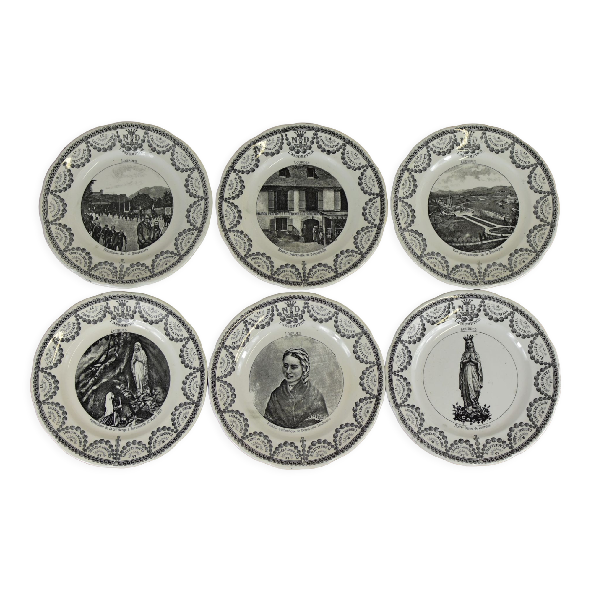 Set of 6 souvenir plates of Lourdes Digoin & Sarreguemines