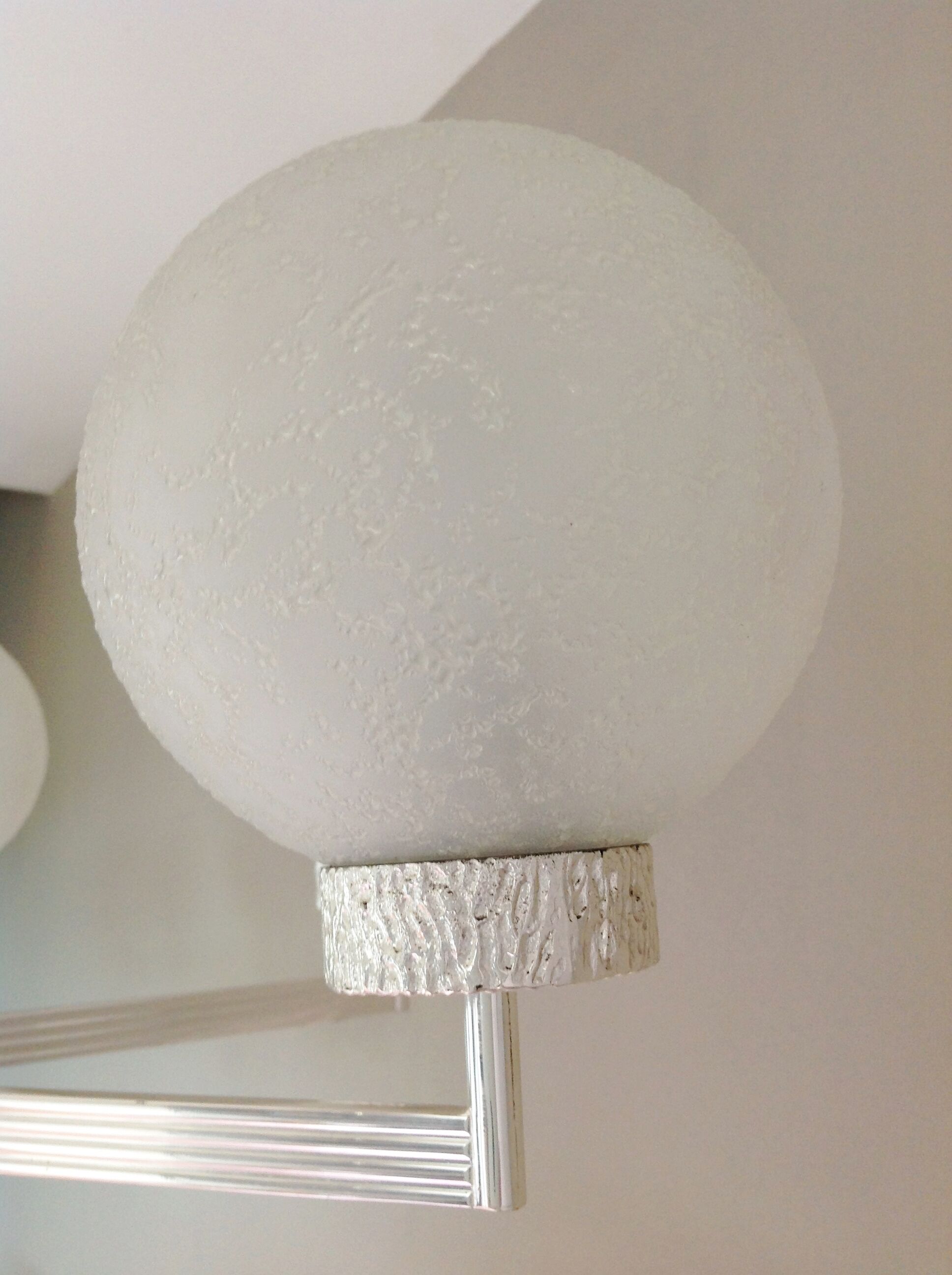 Six-light chrome metal chandelier and opaque glass globes / vintage 60s and 70s