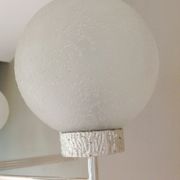Six-light chrome metal chandelier and opaque glass globes / vintage 60s and 70s