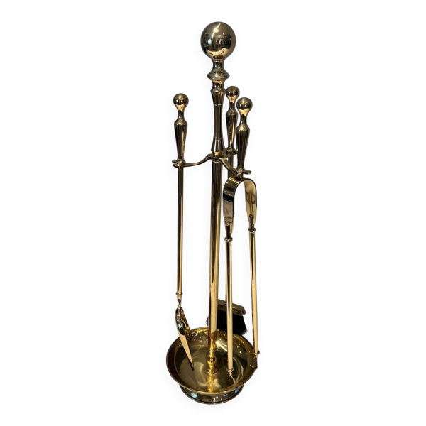Nécessaire de Feu Néoclassique en Laiton Poli sur Support Columnaire à Base