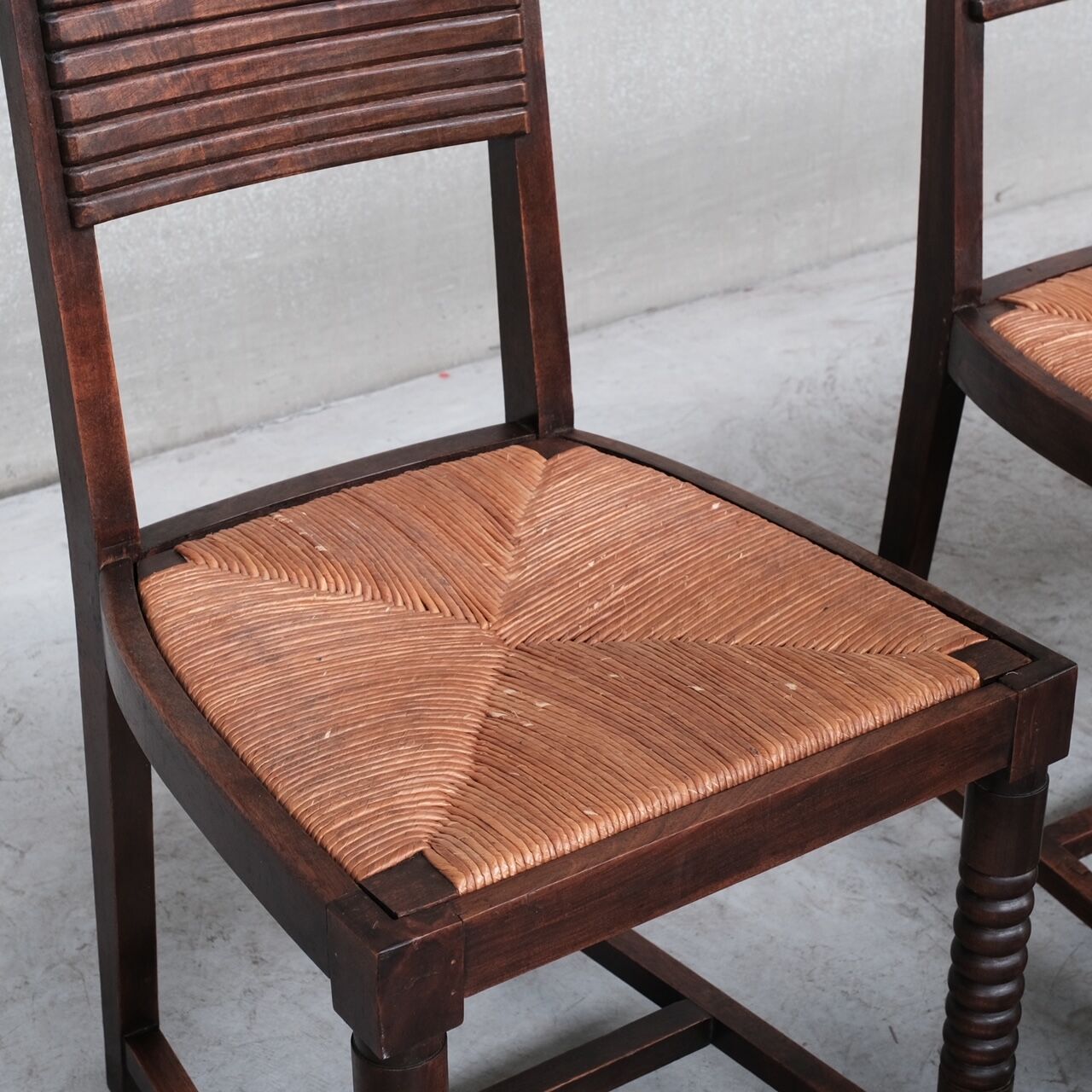 Set of six rush mid-century dining chairs