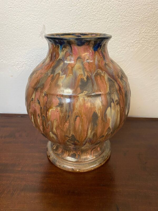 Vase en gres ceramique signé renault argent gres emaille polychrome