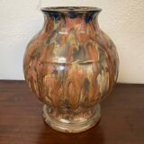 Vase en gres ceramique signé renault argent gres emaille polychrome