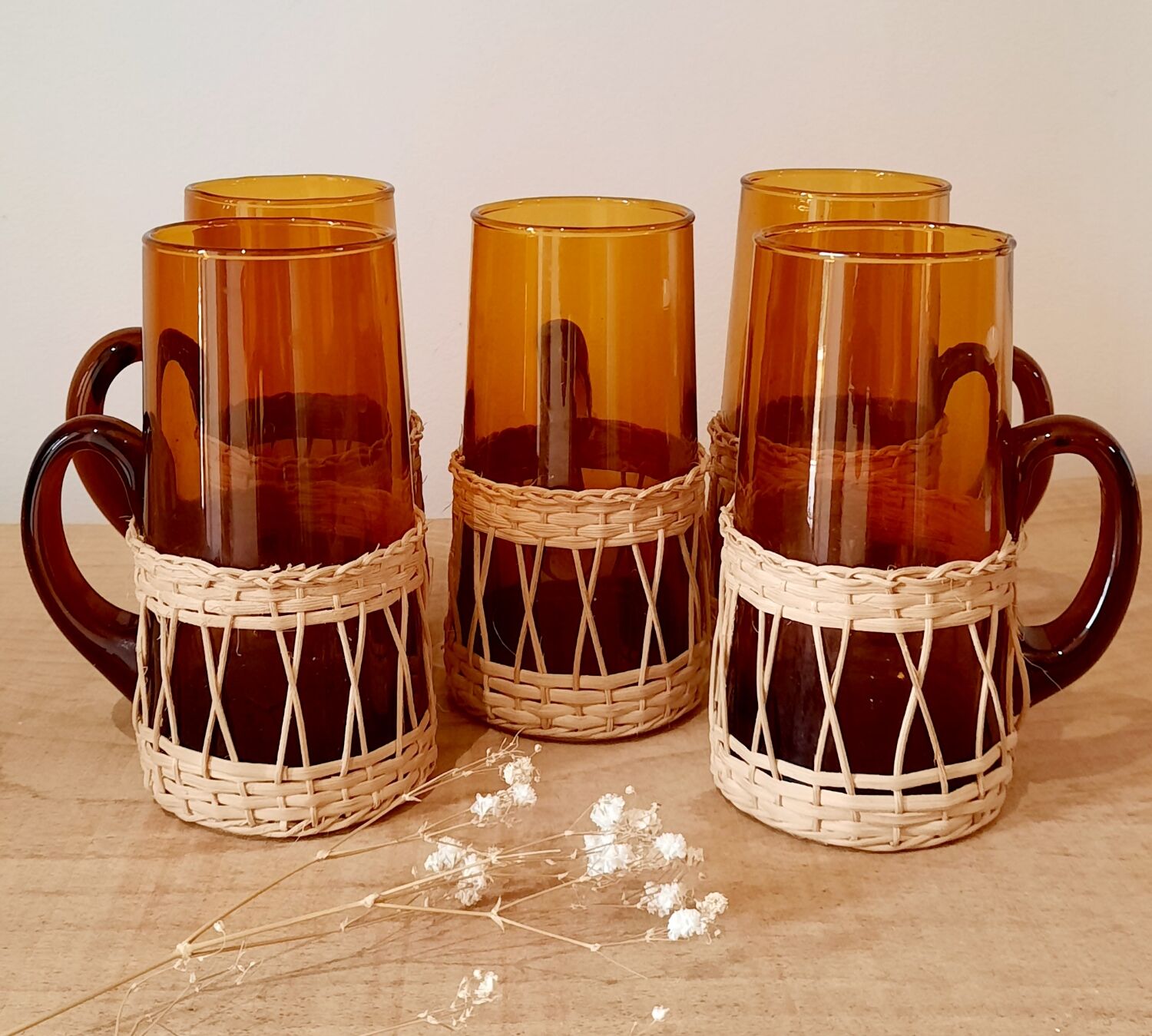 Vintage amber wicker glasses