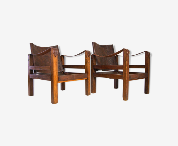Fauteuils Safari en cuir mi-siècle