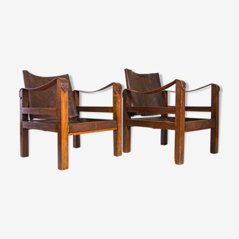 French Leather Safari Armchairs Mid-Century