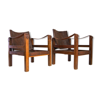 French Leather Safari Armchairs Mid-Century