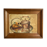 Old painting, still life with teapot and fruit, dated 1932 and signed