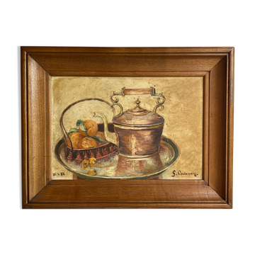 Old painting, still life with teapot and fruit, dated 1932 and signed