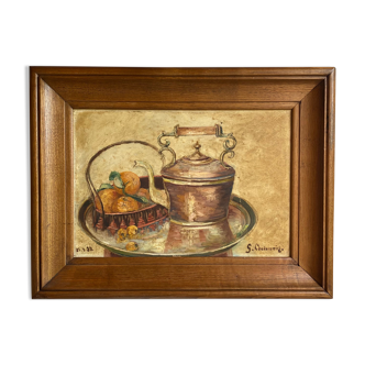 Old painting, still life with teapot and fruit, dated 1932 and signed