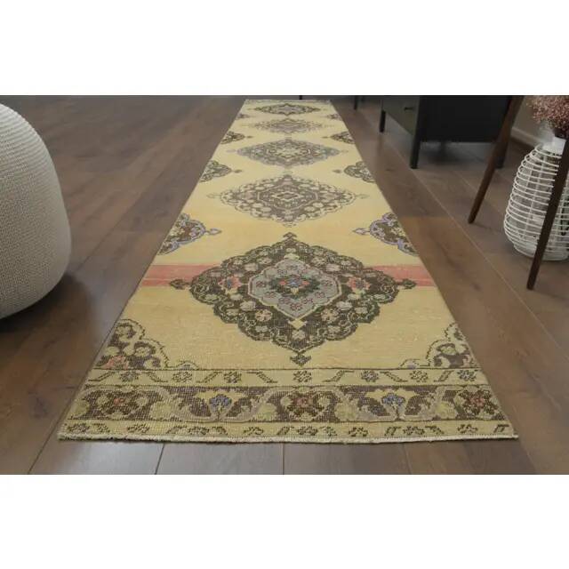 1970s Vintage Turkish Hand-Knotted Wool Cotton Yellow Runner Rug  74x383