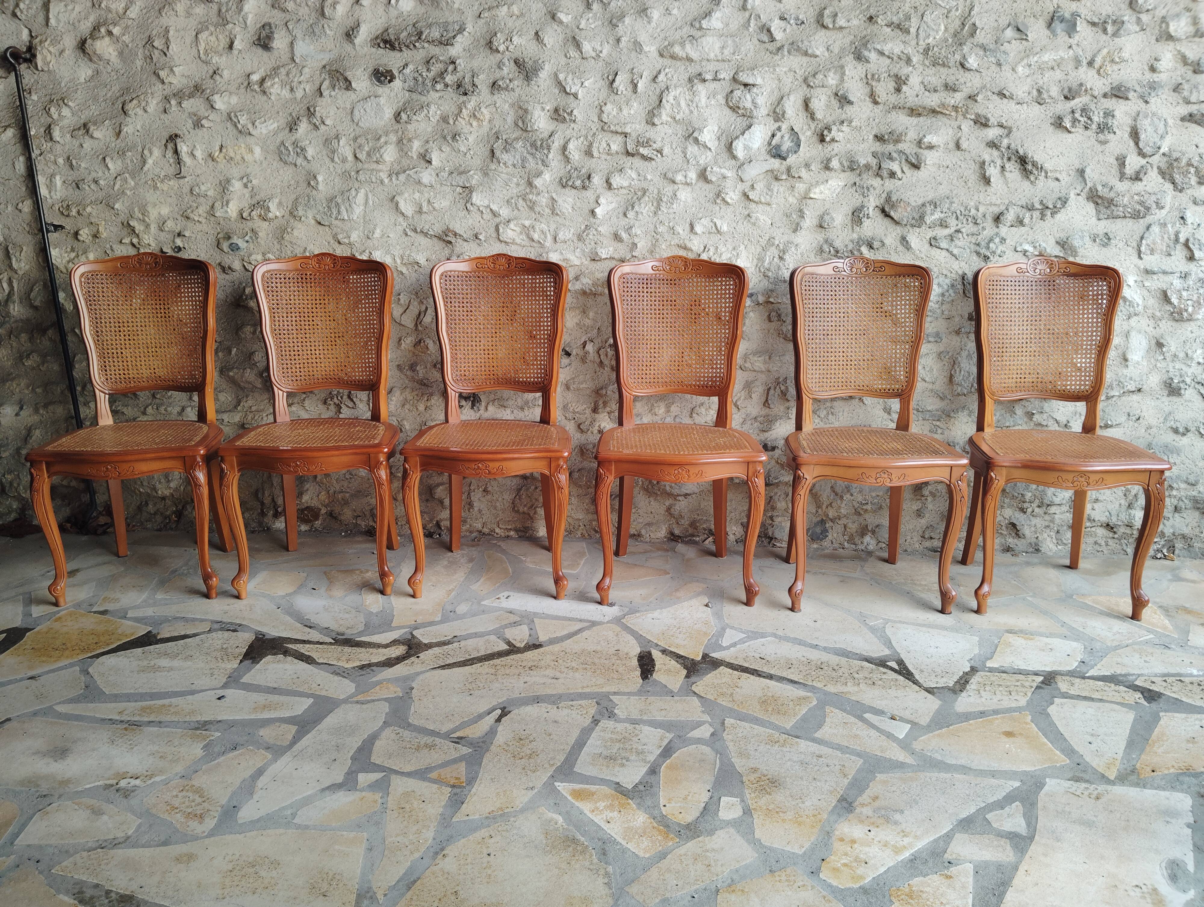 Set of 6 Louis XV chairs in wood and cane
