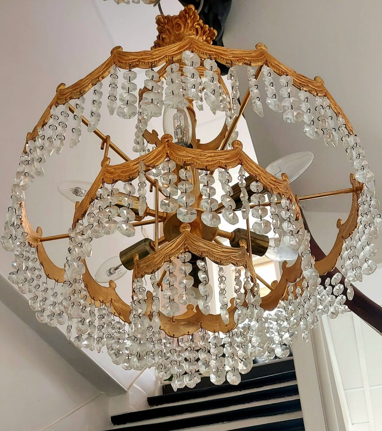 Post Art Deco 4-Tier Gold-Plated Brass & Crystal Chandelier – 1960s