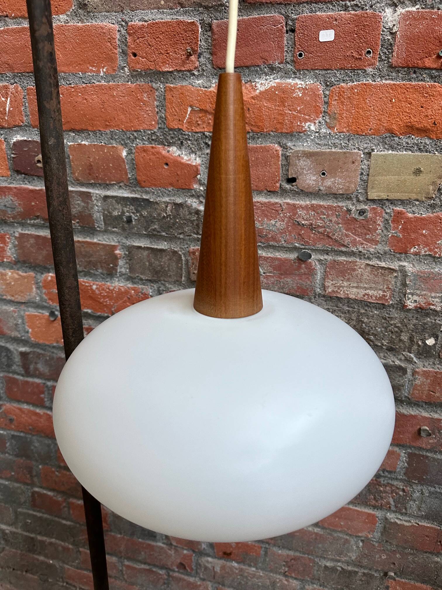 Louis Kalff opaline and teak suspension