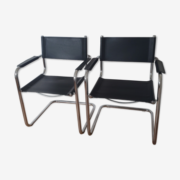Pair of armchairs in chrome and black leather