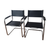 Pair of armchairs in chrome and black leather