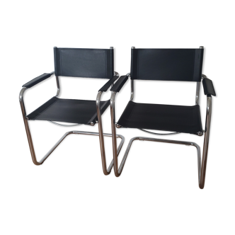 Pair of armchairs in chrome and black leather