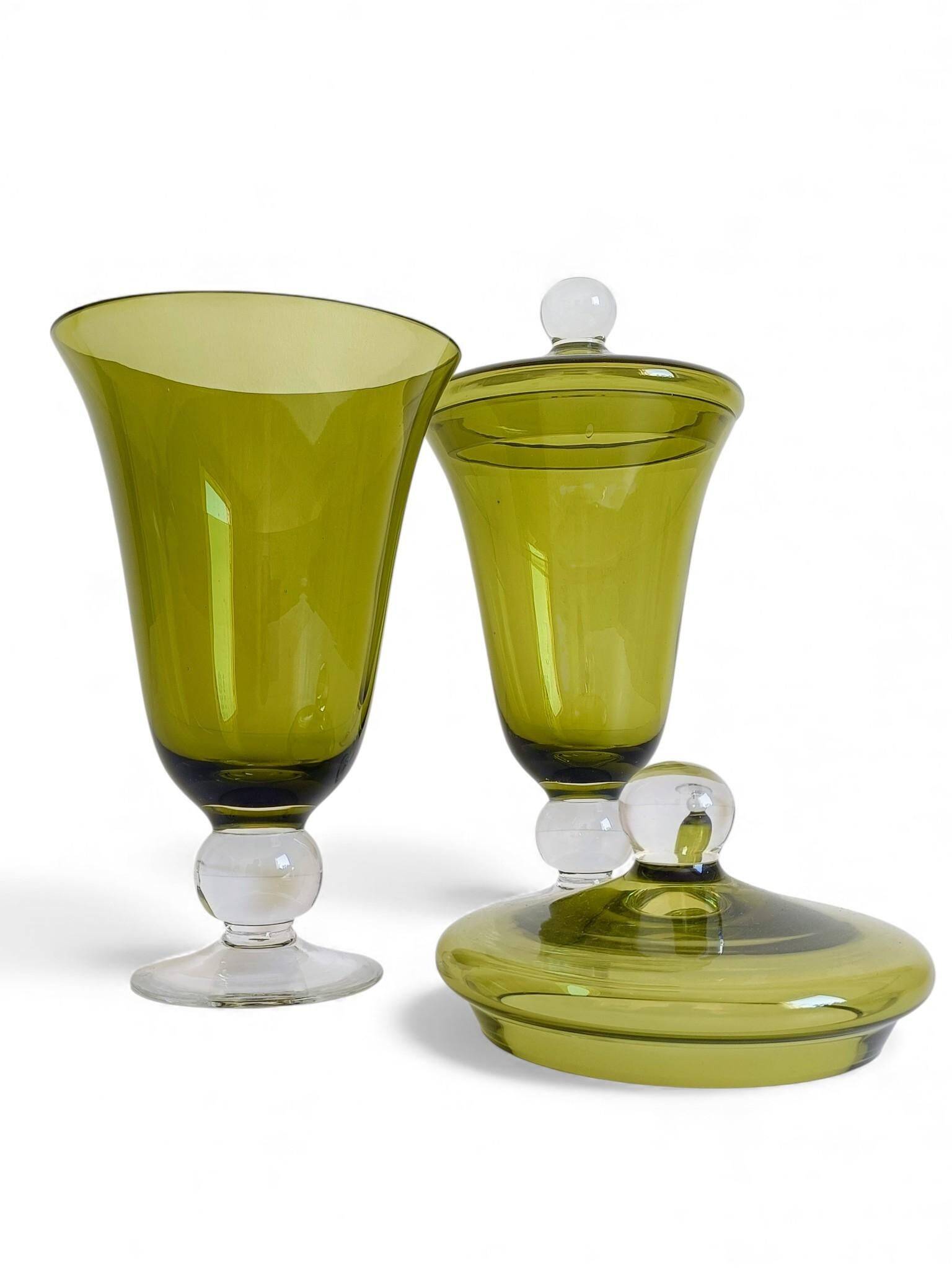 Murano Glass Green Lidded Urns, Venini Style, Italy, 1950s