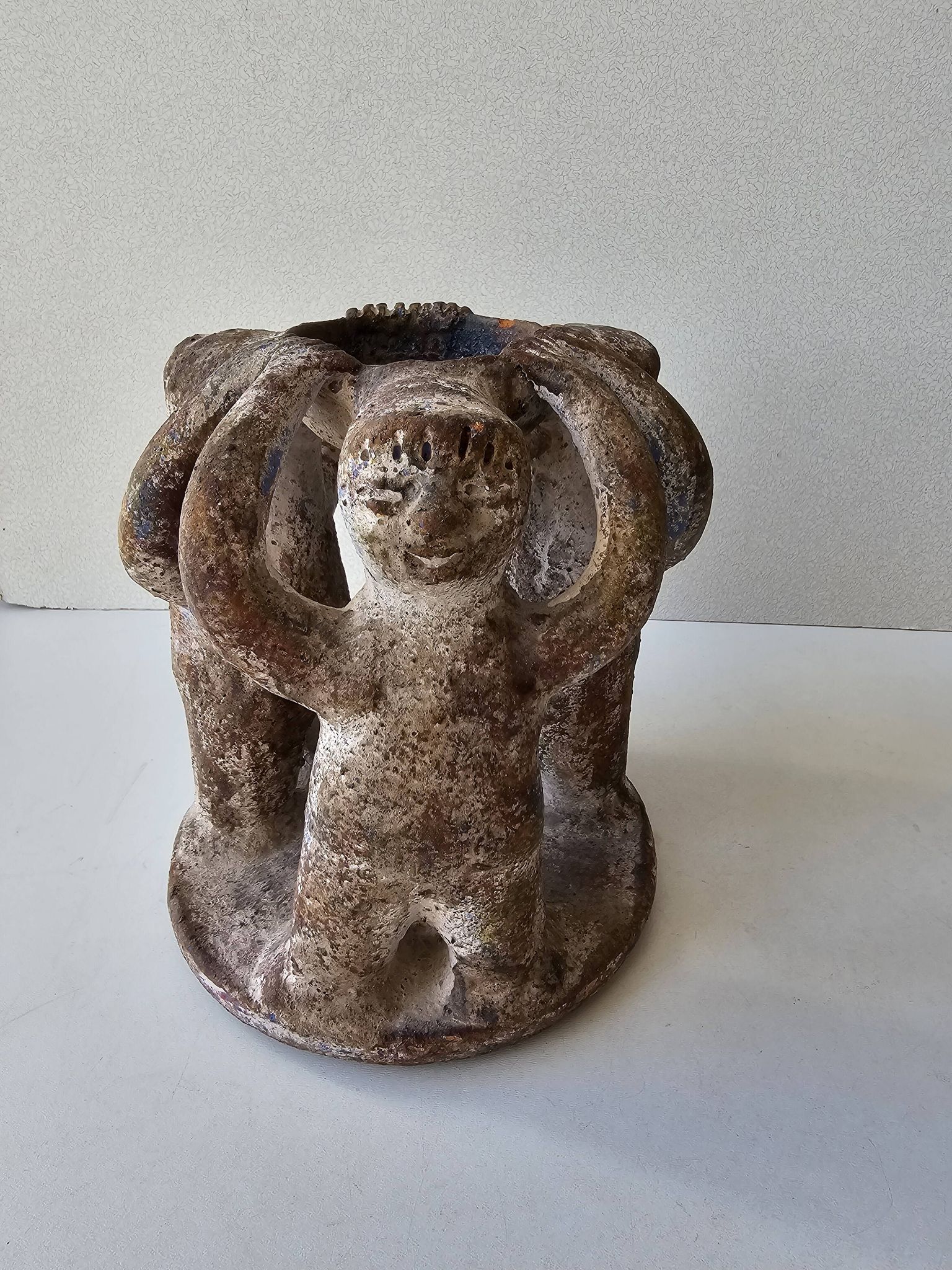 Terracotta Candle Holder Dancing 3 Aztec Characters - Tribal Art