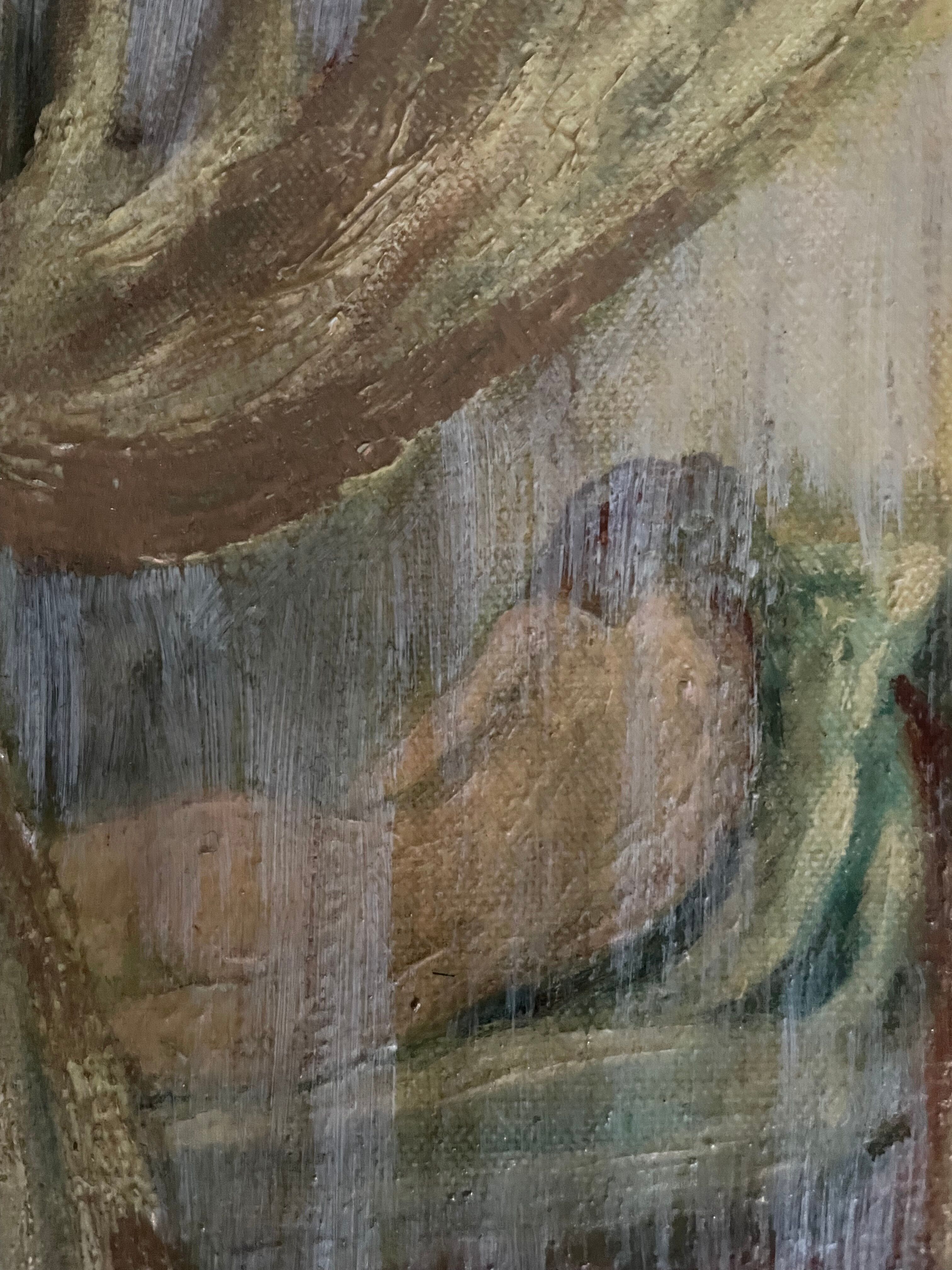 Oil on canvas signed female nude the curtain