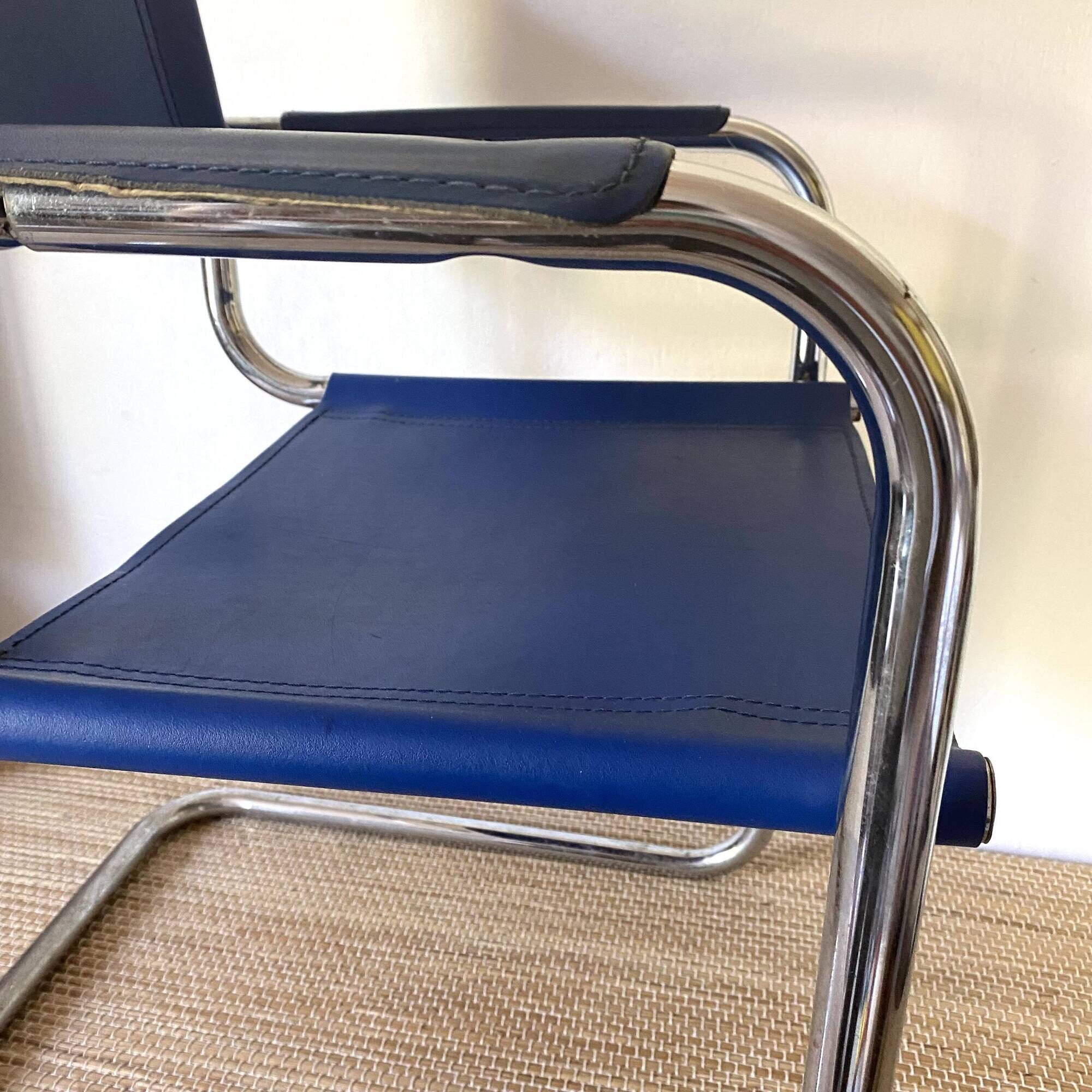 Office chair in blue imitation leather and chrome metal, Matteo Grassi style