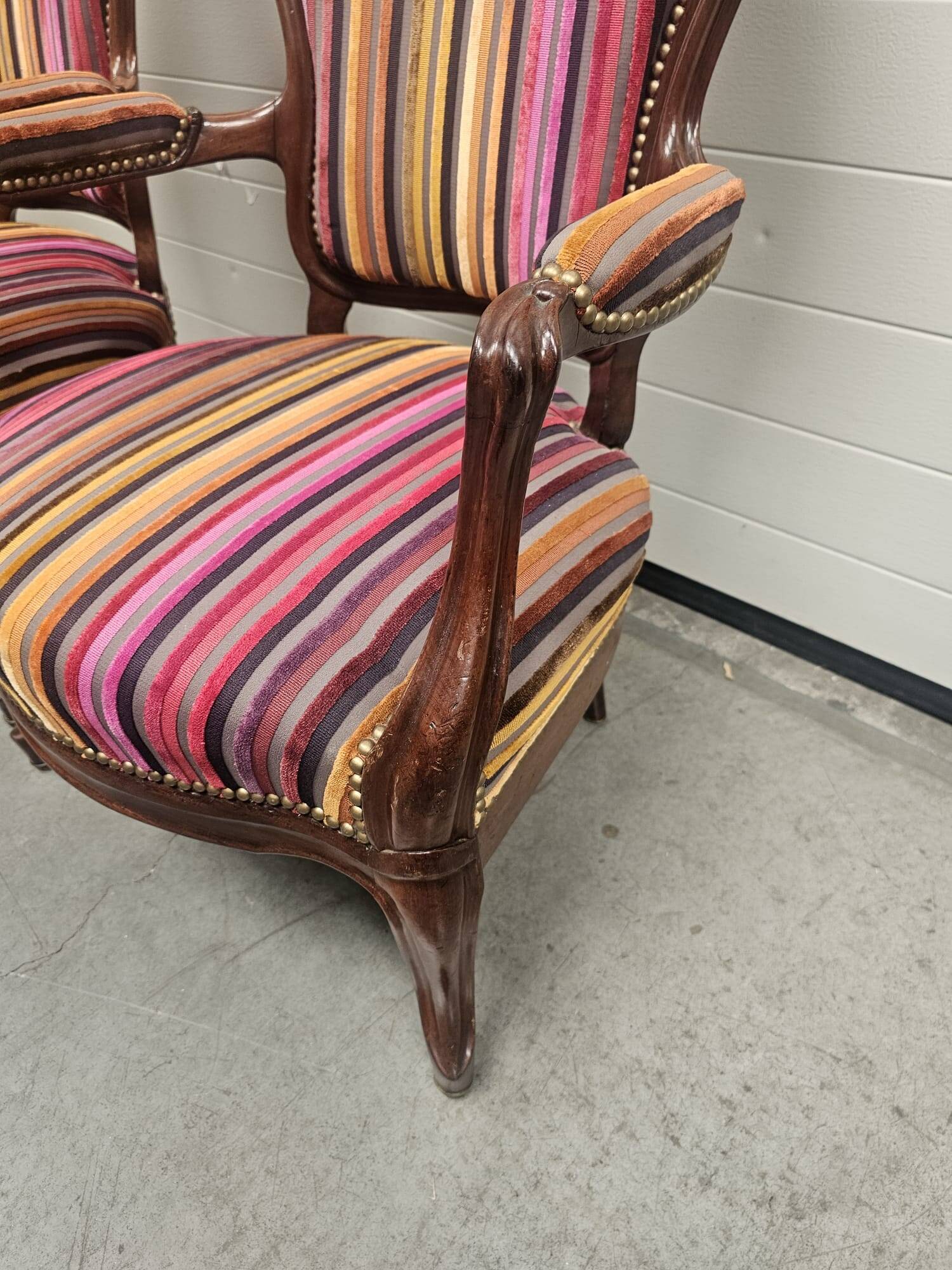 Pair of Louis Philippe armchairs in multi-colored striped velvet
