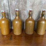 Set of 4 Old Beige Stoneware Bottles + Vintage Porcelain Stopper