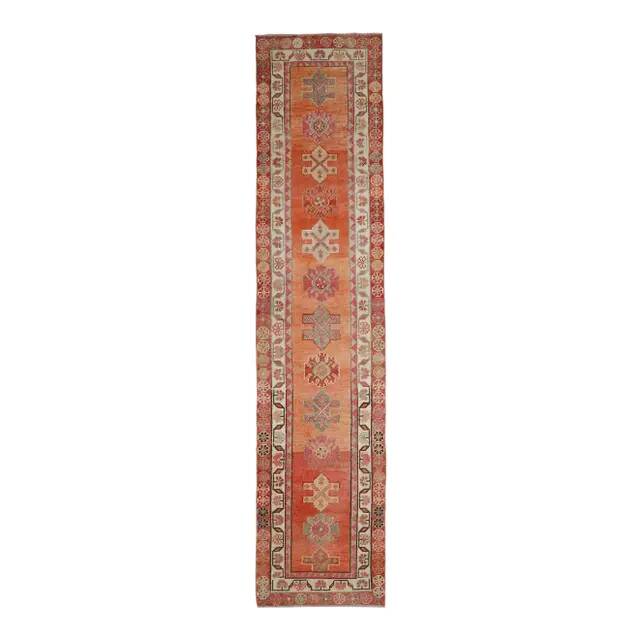 Vintage Turkish Oushak Handmade Wool Cotton Orange Runner Rug 80x372