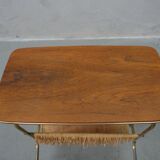 Mid-century teak and brass mobile side table with magazine holder, 1960s