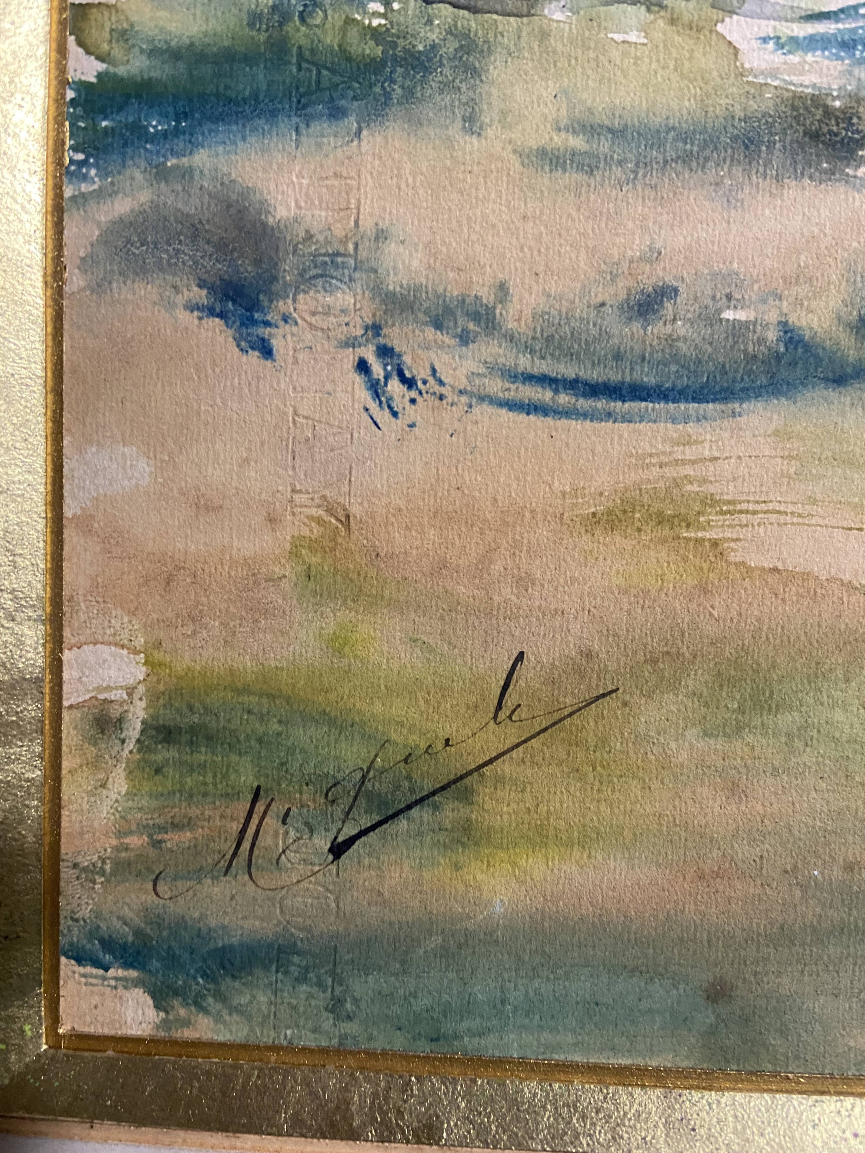 Large watercolor from the early 20th century, signed landscape of a wooded river bank