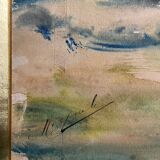 Large watercolor from the early 20th century, signed landscape of a wooded river bank