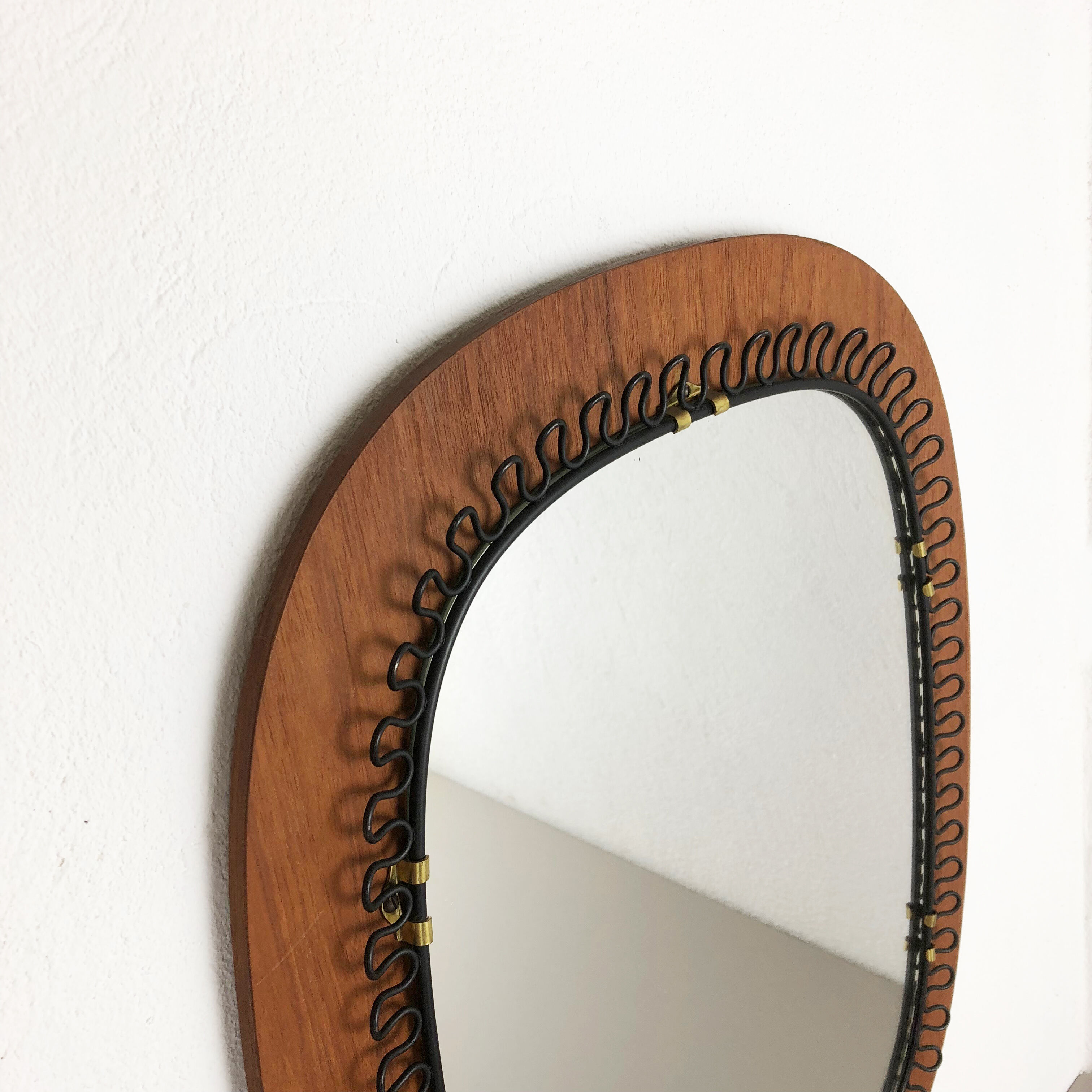 1960 s Scandinavian metal + teak mirror 54cm designed by Josef Frank for Svenskt Tenn, made in Sweden. midcentury modern. Danish modern