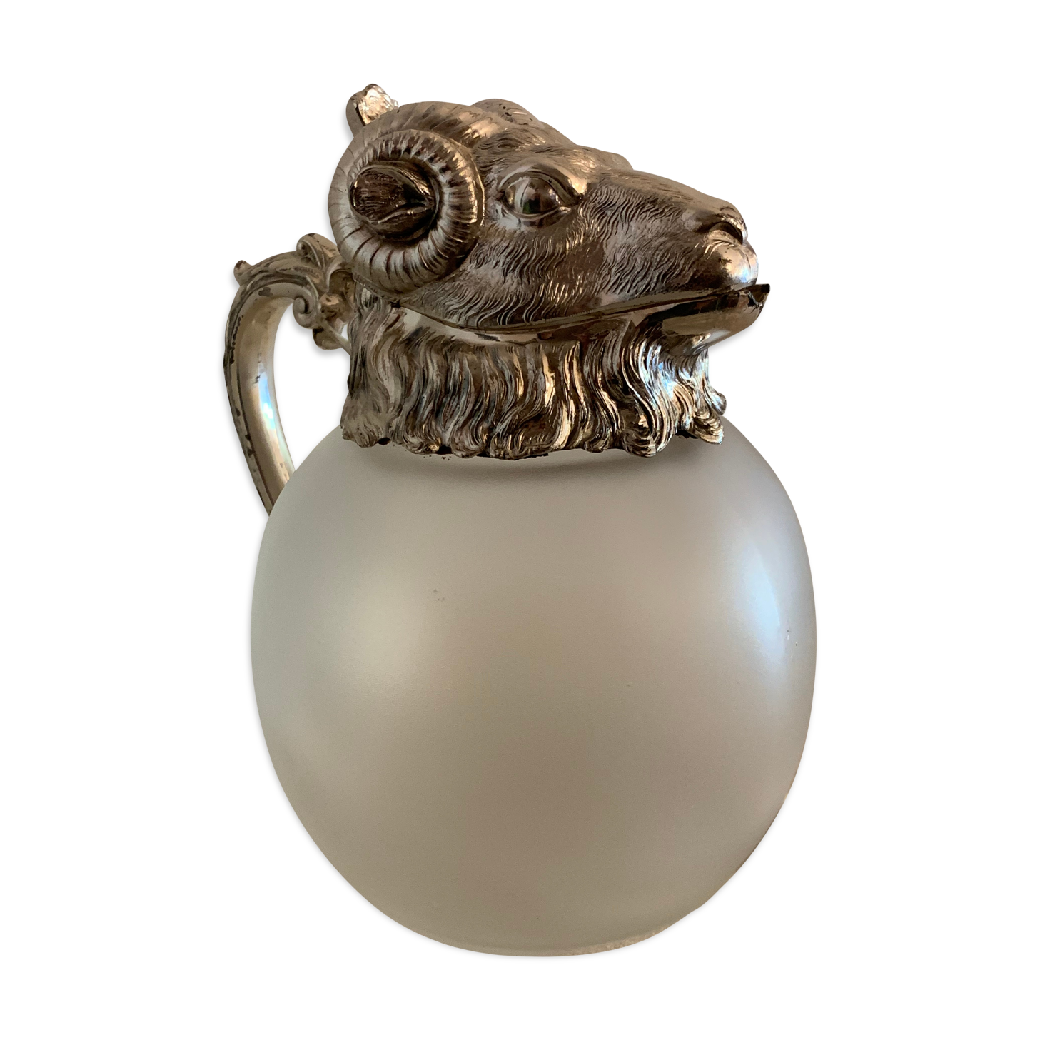 Decanting carafe or frosted glass water broc with silver metal ram head 1970