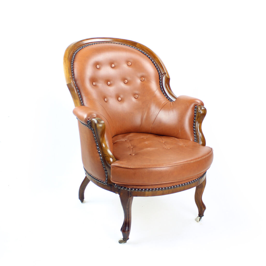 Fauteuil en cuir et noyer cognac, Tchécoslovaquie années 1940